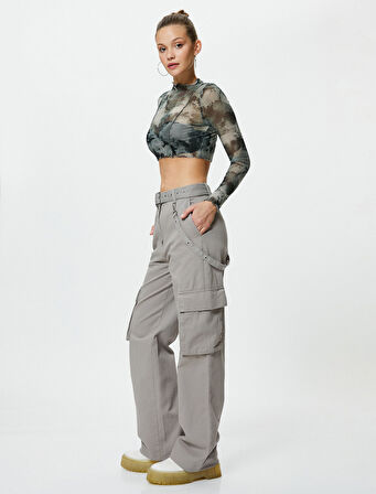 Kargo Pantolon Kemer Detaylı Düz Paça Cepli Aksesuar Detaylı Pamuklu