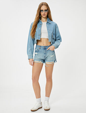 Kot Şort Yüksek Bel Yıpratılmış Detaylı 