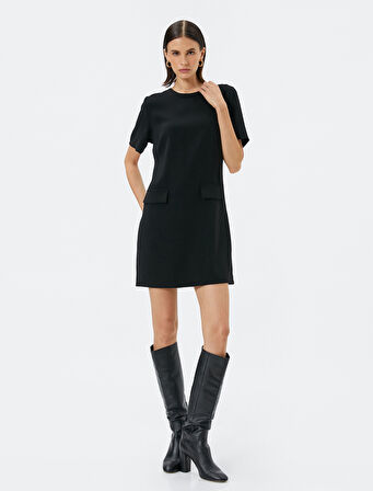 Mini Elbise Kısa Kollu Cep Detaylı Bisiklet Yaka