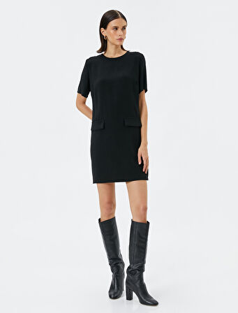 Mini Elbise Kısa Kollu Cep Detaylı Bisiklet Yaka