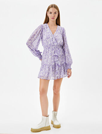 Çiçekli Kruvaze Mini Elbise Tüllü Uzun Balon Kollu Fırfır Detaylı