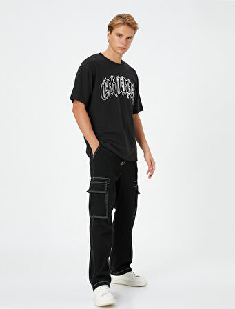 Grafiti İşlemeli Tişört Rahat Kesim Sloganlı Bisiklet Yaka Kısa Kollu