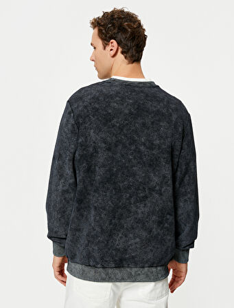 Yıkamalı Sweat Bisiklet Yaka Batik Görünümlü Uzun Kollu Pamuklu