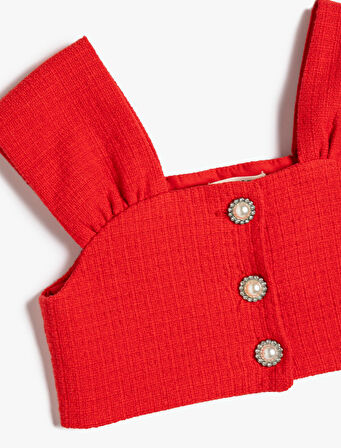 Crop Tüvit Bluz Düğme Detaylı Kolsuz Pamuklu 