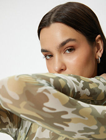 Transparan Tişört Uzun Kollu Kamuflaj Desenli