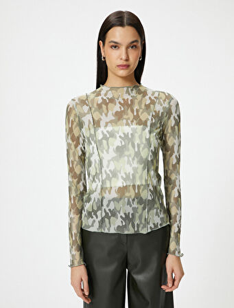 Transparan Tişört Uzun Kollu Kamuflaj Desenli