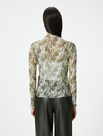 Transparan Tişört Uzun Kollu Kamuflaj Desenli