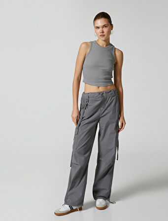 Basic Crop Atlet Bisiklet Yaka Ribanalı Pamuklu