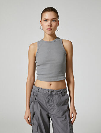 Basic Crop Atlet Bisiklet Yaka Ribanalı Pamuklu