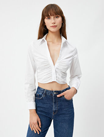 Crop Gömlek Drapeli Klasik Yaka Düğmeli Uzun Kollu 