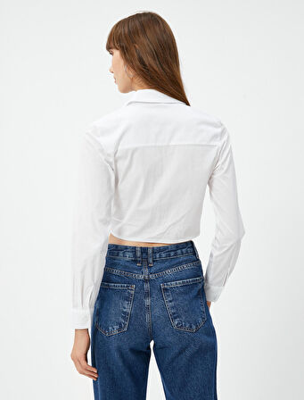 Crop Gömlek Drapeli Klasik Yaka Düğmeli Uzun Kollu 
