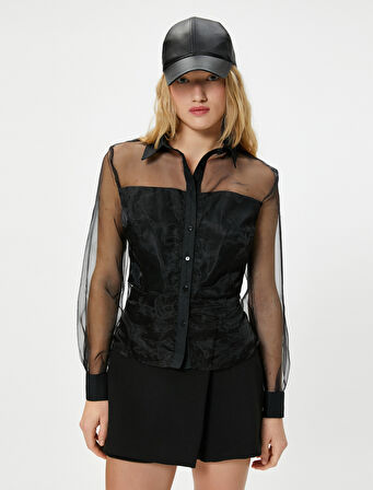 Tül Gömlek Uzun Kollu Klasik Yaka Düğmeli 