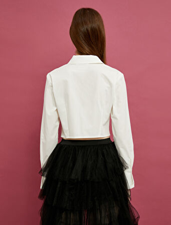 Crop Gömlek Fırfır Detaylı Uzun Kollu Pamuklu Asimetrik Kesimli