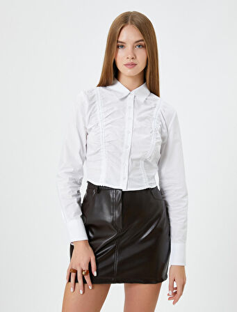 Crop Gömlek Uzun Kollu Büzgülü Arkası Gipe Detaylı Pamuklu