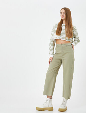 Culotte Pantolon Geniş Crop Paça Yüksek Bel Düğmeli