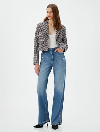 Crop Tüvit Blazer Ceket Cepli Düğmeli Zincir Detaylı