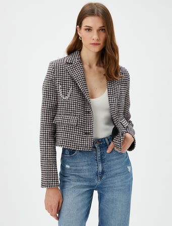 Crop Tüvit Blazer Ceket Cepli Düğmeli Zincir Detaylı