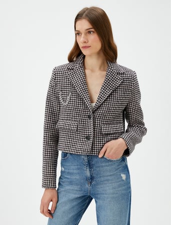 Crop Tüvit Blazer Ceket Cepli Düğmeli Zincir Detaylı