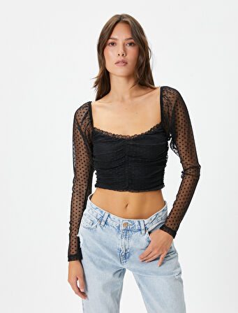 Crop Dantelli Bluz Kare Yaka Drapeli Slim Fit