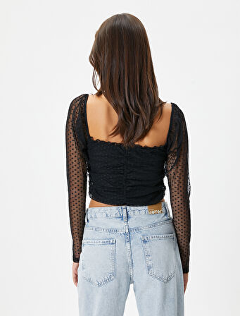 Crop Dantelli Bluz Kare Yaka Drapeli Slim Fit