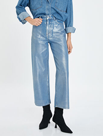 Ekstra Geniş Crop Paça Metalik Parlak Kot Pantolon Yüksek Bel - Bianca Crop Jean