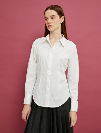 Crop Gömlek Asimetrik Kesim Korse Görünümlü Uzun Kollu Pamuklu