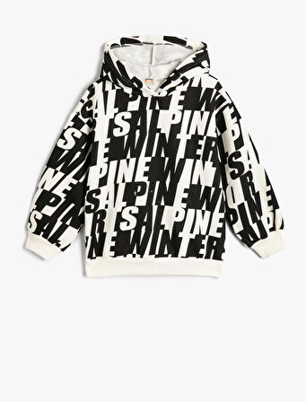 Kapşonlu Sweatshirt Uzun Kollu Desenli Şardonlu