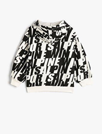 Kapşonlu Sweatshirt Uzun Kollu Desenli Şardonlu