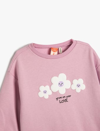 Sweatshirt Uzun Kollu Bisiklet Yaka Çiçek Baskılı Şardonlu Pamuklu