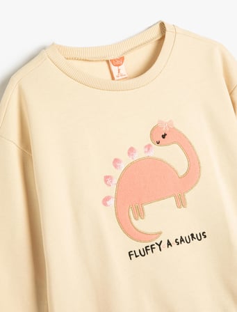 Dinozorlu Sweatshirt Bisiklet Yaka Uzun Kollu Şardonlu Pamuklu