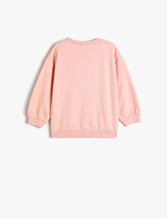 Sweatshirt Kedi Baskılı Sim Detaylı Bisiklet Yaka Şardonlu Pamuklu