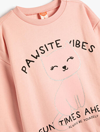 Sweatshirt Kedi Baskılı Sim Detaylı Bisiklet Yaka Şardonlu Pamuklu