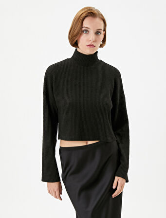 Boğazlı Kazak Dokulu Crop Uzun Kollu Düşük Omuzlu