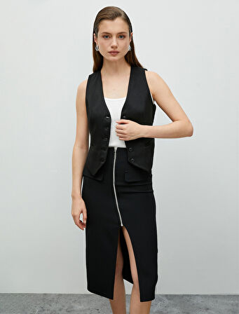 Midi Kalem Etek Önden Yırtmaçlı Fermuarlı Cep Detaylı Yüksek Bel