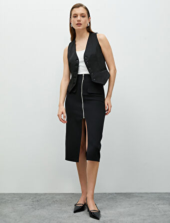 Midi Kalem Etek Önden Yırtmaçlı Fermuarlı Cep Detaylı Yüksek Bel