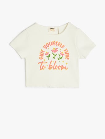 Bisiklet Yaka Kısa Kollu Baskılı Crop Tişört