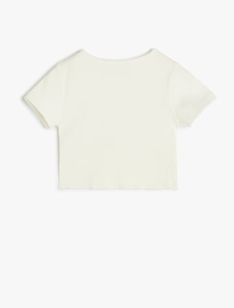 Bisiklet Yaka Kısa Kollu Baskılı Crop Tişört