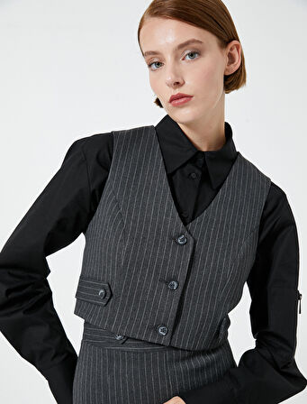 Crop Yelek Düğmeli V Yaka Astarlı