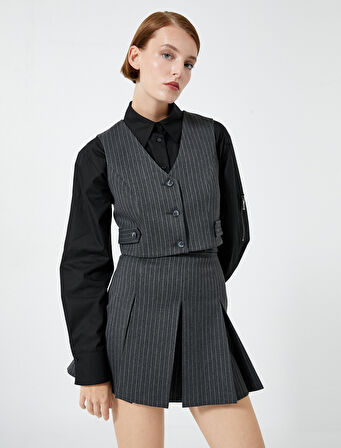 Crop Yelek Düğmeli V Yaka Astarlı