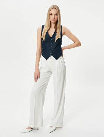 V Yaka Yelek Düğmeli Fleto Cepli