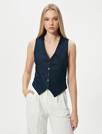 V Yaka Yelek Düğmeli Fleto Cepli