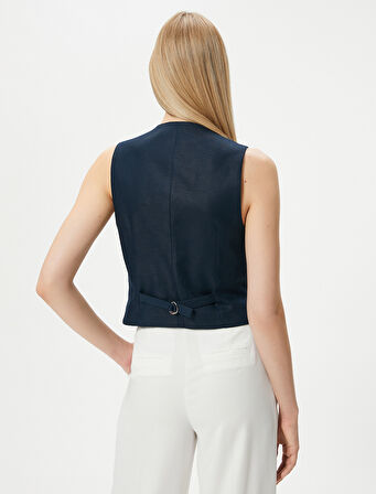 V Yaka Yelek Düğmeli Fleto Cepli