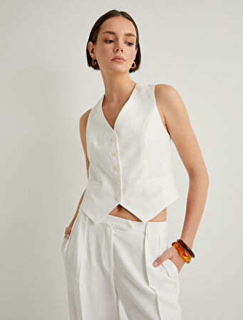 Yelek V Yaka Düğmeli Mini Cep Detaylı