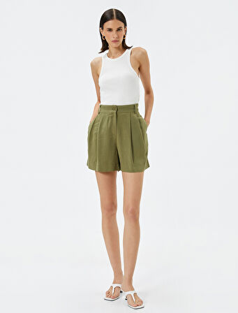 Mini Şort Yüksek Bel Cep Detaylı Düğmeli Viskon Karışımlı