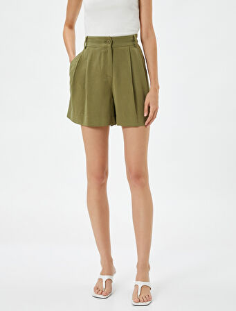 Mini Şort Yüksek Bel Cep Detaylı Düğmeli Viskon Karışımlı