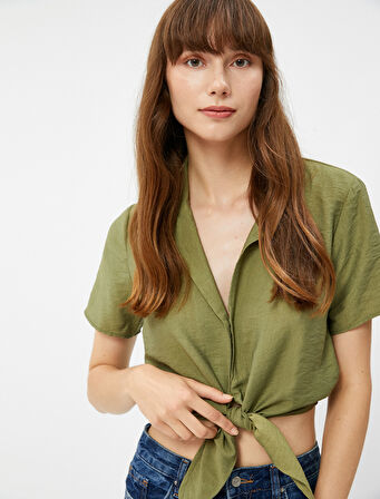 Crop Gömlek Önden Bağlamalı Düğmeli Kısa Kollu Viskon Karışımlı