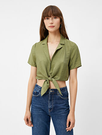 Crop Gömlek Önden Bağlamalı Düğmeli Kısa Kollu Viskon Karışımlı
