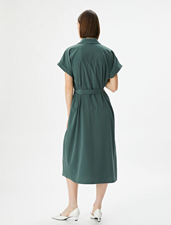 Midi Gömlek Elbise Beli Kuşaklı Kısa Kollu Düğmeli Cepli