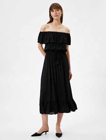 Midi Elbise Omzu Açık Fırfırlı Beli Püskül Detaylı