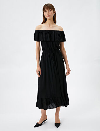 Midi Elbise Omzu Açık Fırfırlı Beli Püskül Detaylı